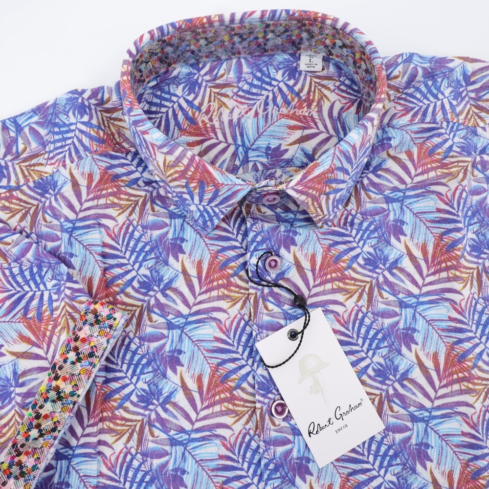 NEW Robert Graham Linen Blend Teigen Palm Print Shirt Multi Short Sleeve Mens L
